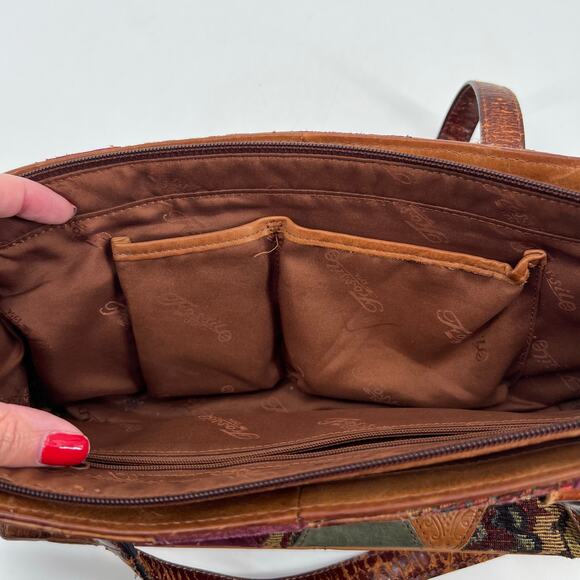 Fossil Patchwork Tooled Leather Shoulder Bag Purse baroque neutral hand bag - Picture 10 of 12